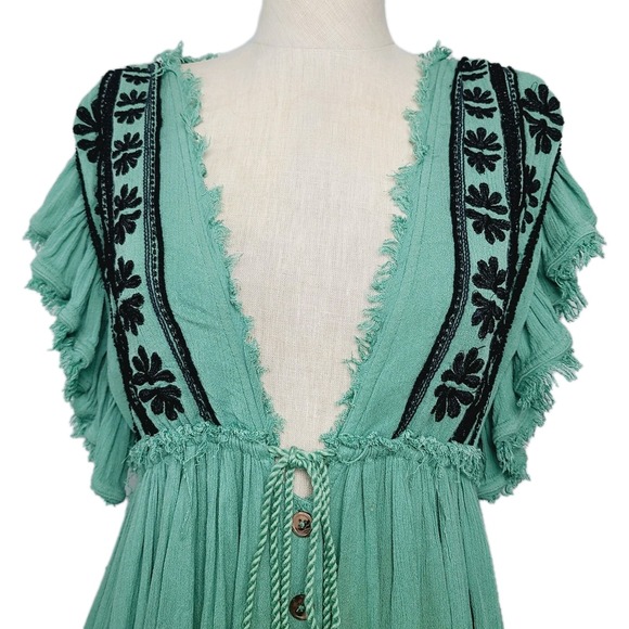 Free People Will Wait For You Boho Embroidered Midi Dress Green Gauze Flowy XS - Picture 2 of 10